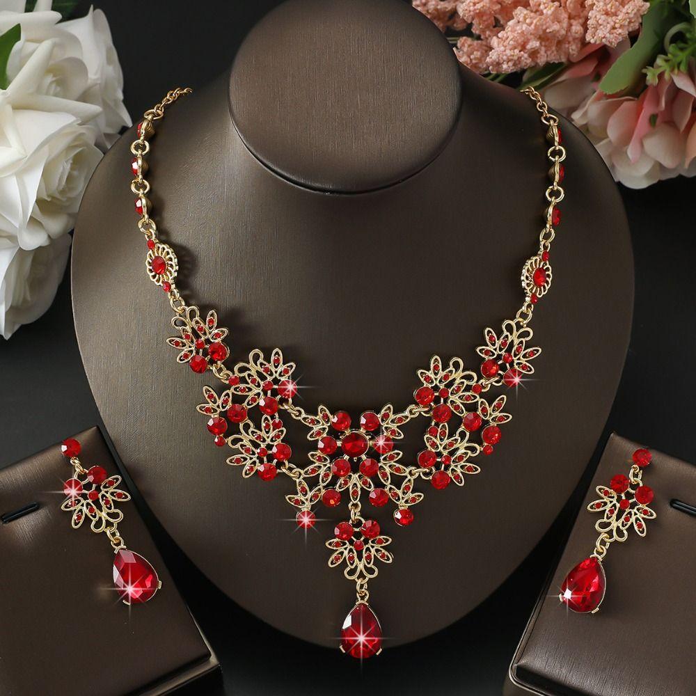 Kristall Ohrringe Halskette Set Übertreiben Damen Schmuck Vintage Strass Schmuckset Damen