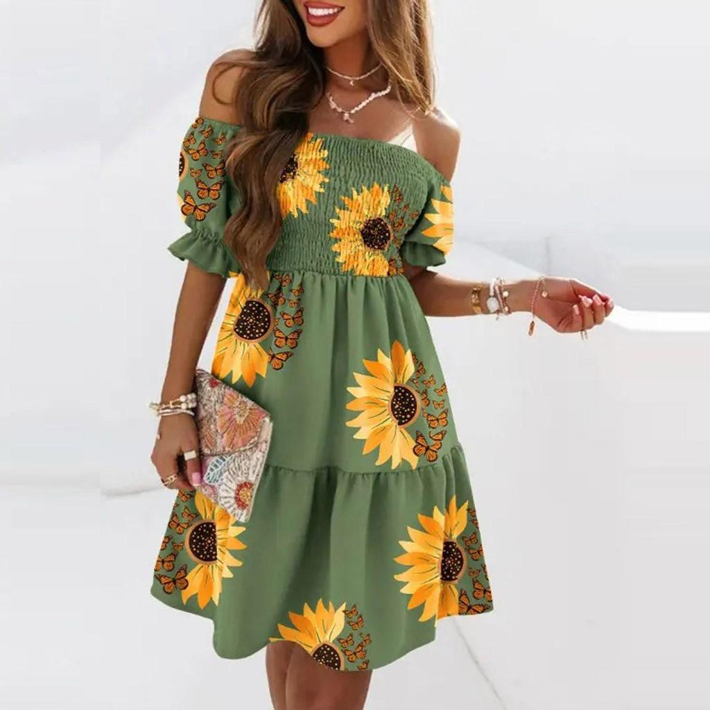 Women's Summer Fashion One Neck Short Gradient Printed Sleeve Mini Dress Ruffle Dress