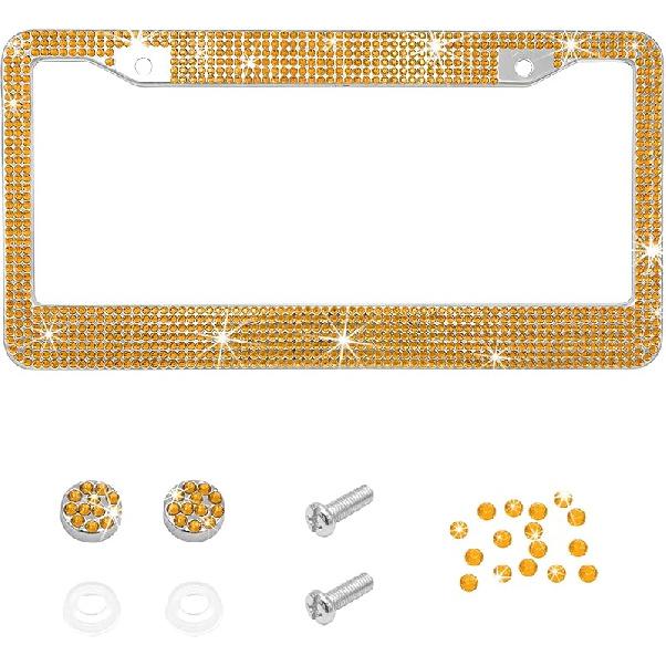 Bling Car License Plate Frame, 2 Holes Stainless Steel Sparkly Auto Tag Cover with Screws Caps, Bedazzled Rhinestone Licence Plate Holder Vehicle