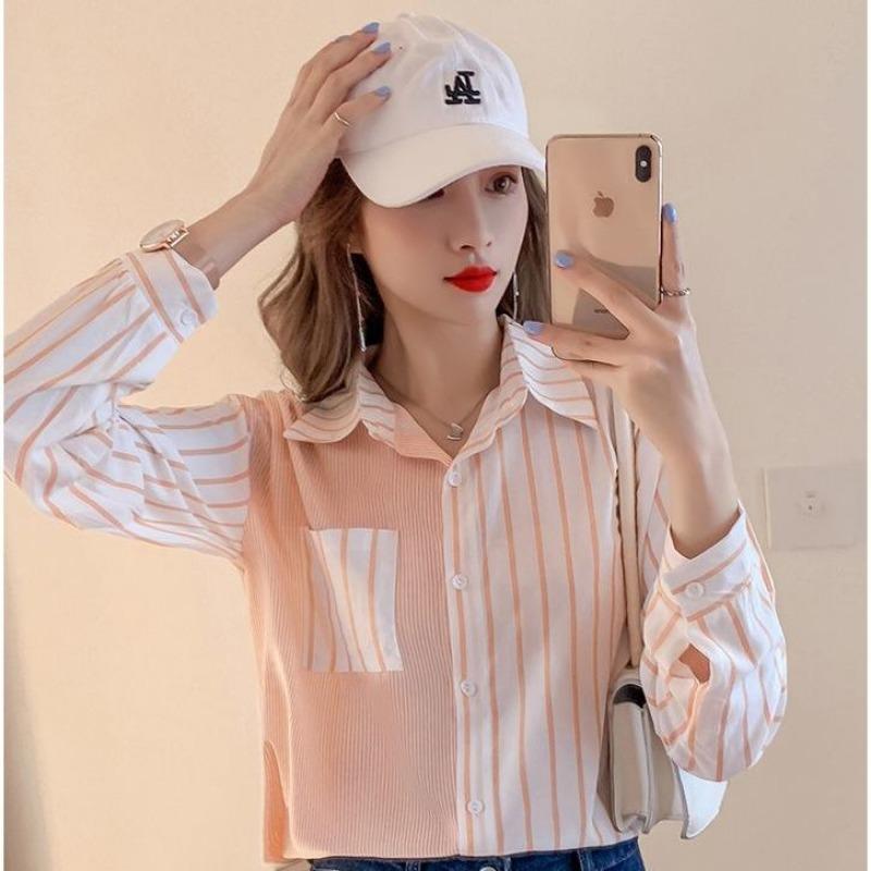 Women s Striped Shirt - Oversized Long-Sleeve Casual Button-Down Blouse S розовый