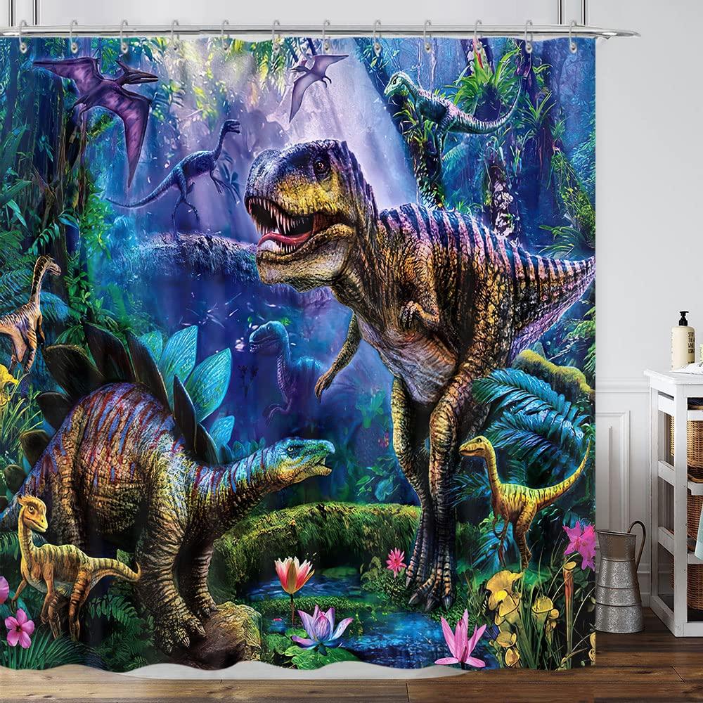 Dinosaur Shower Curtain For Bathroom, Funny Jurassic Dino World Park Shower Curtain Sets Bathtub Decor With Hooks Waterproof