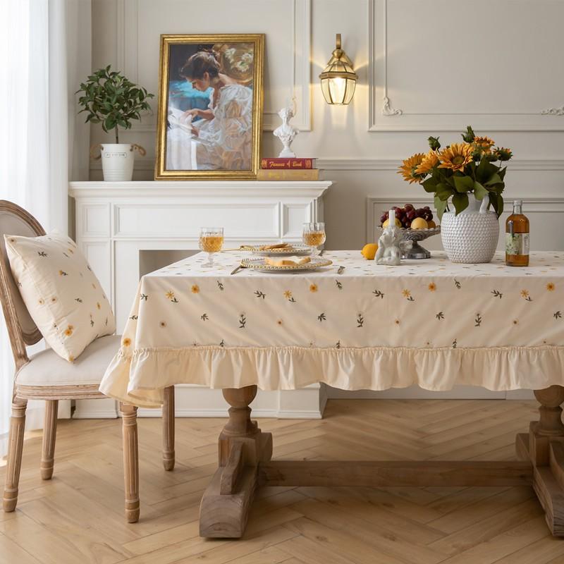 Light Luxury Cotton Round Tablecloth Embroidered Floral Plant Pleated Ruffle Table Cover Dining Room