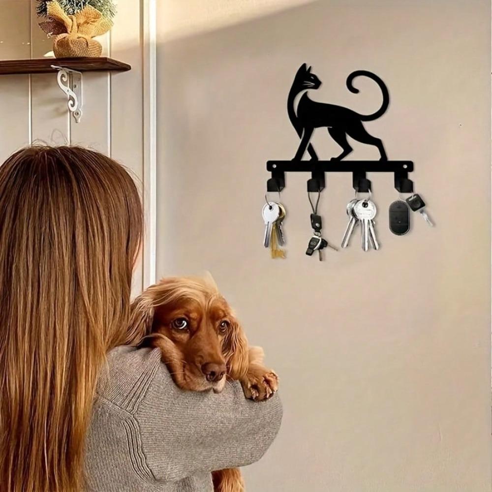 Bohemian Metal Cat Key Hanger Wall Mount Key Holder Durable Iron Black Cat Home Decor