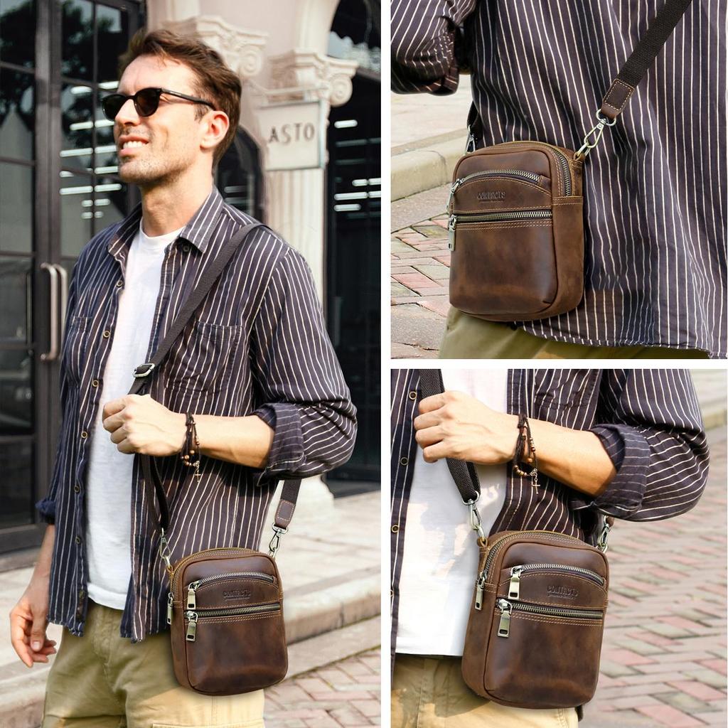 CONTACT'S Genuine Leather Belt  Waist Bag Small Money Phone Waist Pack Crazy Horse Leather Mini Bag