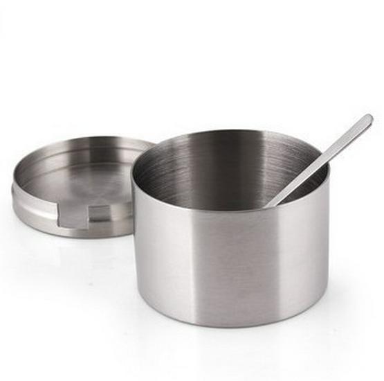 Stainless Steel Seasoning Jar with Spoon – Cylindrical Salt and Sugar Container, Kitchen Utensil.