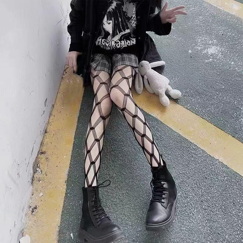 Trendy Sexy Black Fishnet Stockings with Diamond Mesh and Hollowed Design
