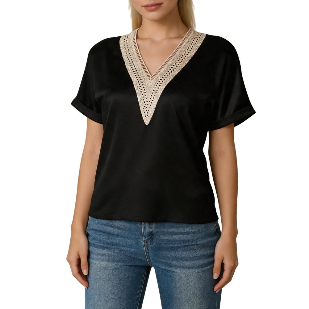 Women Summer Lace V-neck Loose Short Sleeve T-Shirt M
