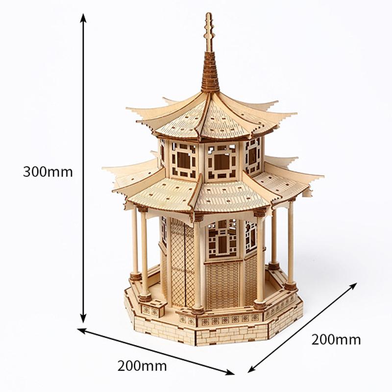 3D Wooden Puzzle Chinese Traditional Building Octagonal Pavilion DIY Assembly Kits Model Desktop Game Toys for Children Adults