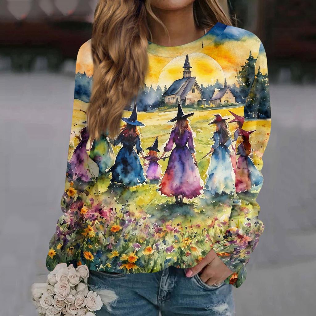 Women's Casual Long Sleeve Printed Raglan Sleeve Pullover Top for Halloween