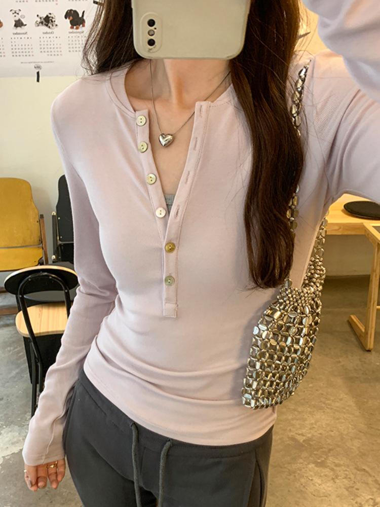 Women's Wine Red Button-Up Henry Collar T-Shirt - Spring/Autumn Waist-Cinching Long Sleeve 2026