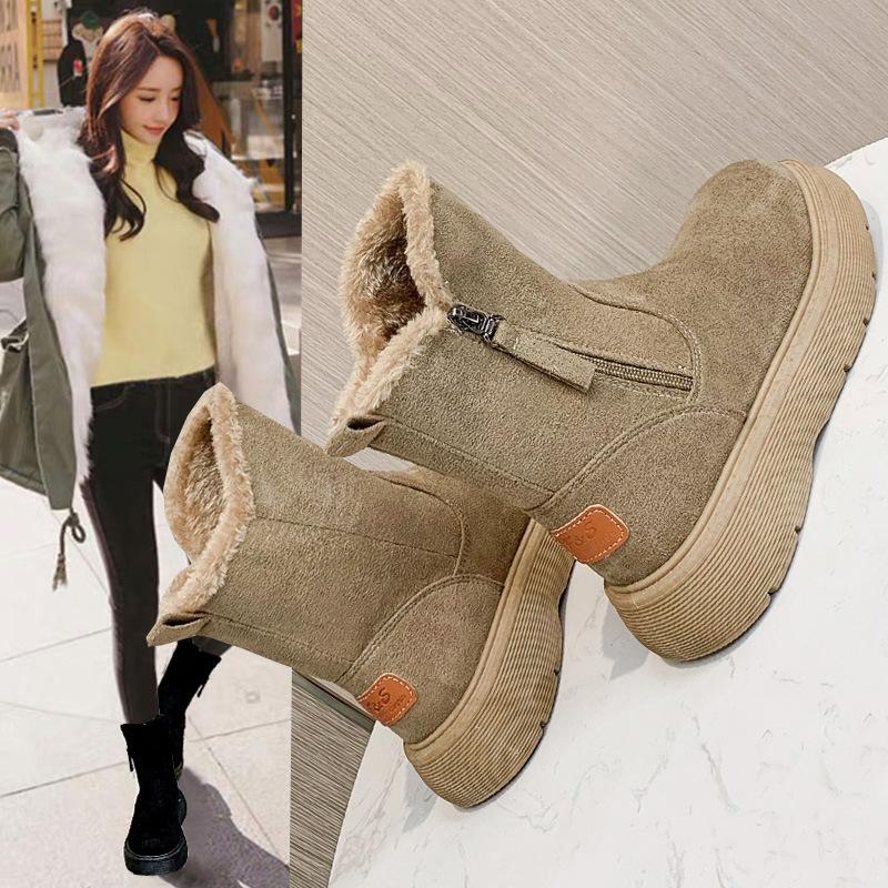 Snow boots women's winter new velvet thickened warm thick-soled cotton boots brown large cotton shoes