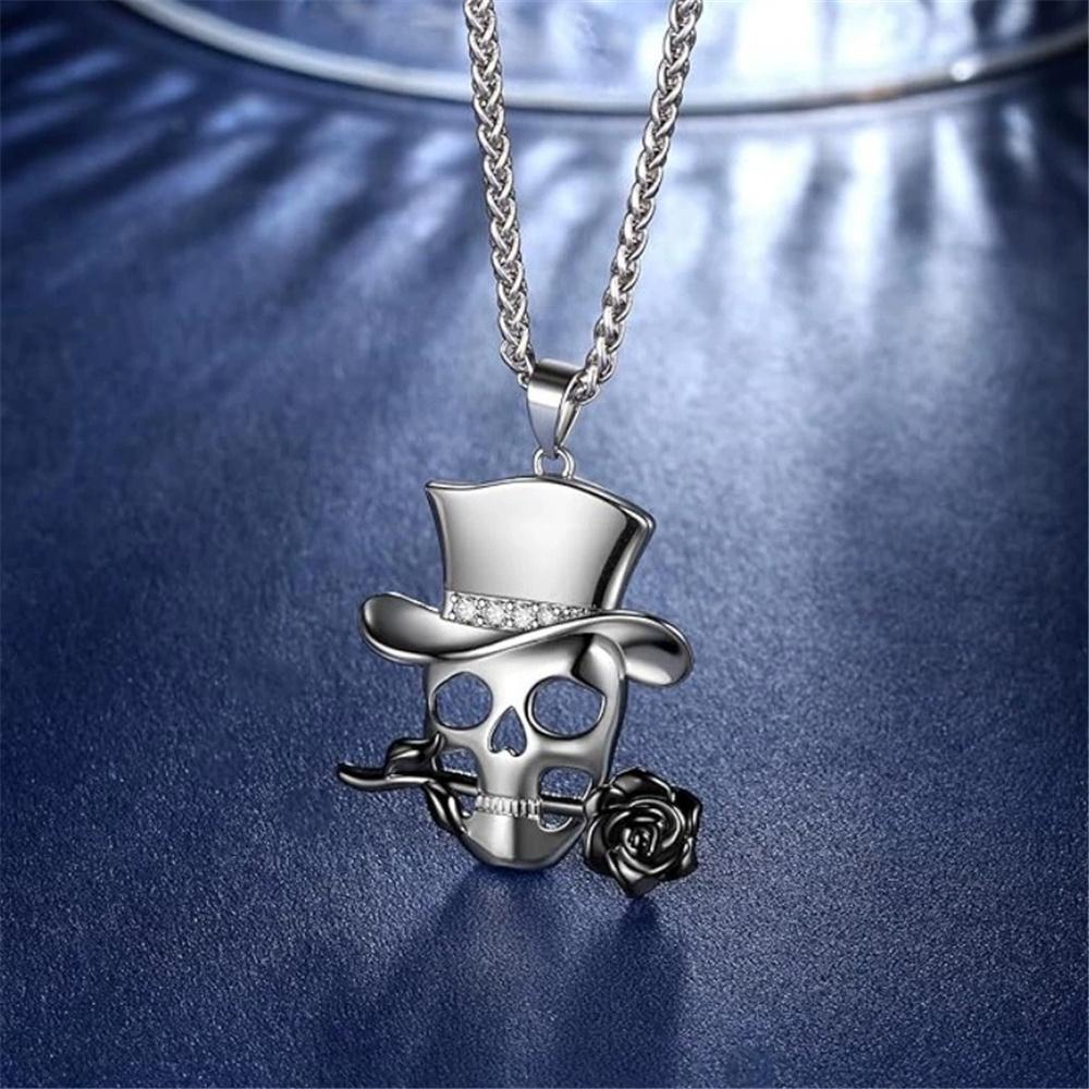 Charm Female Skull Flower Pendant Necklace Vintage Silver Color Wedding  For Women