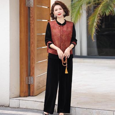 Elegant Gold Velvet Three-Piece Suit for Middle-Aged Women - Chinese Style Vest for Spring and Autumn