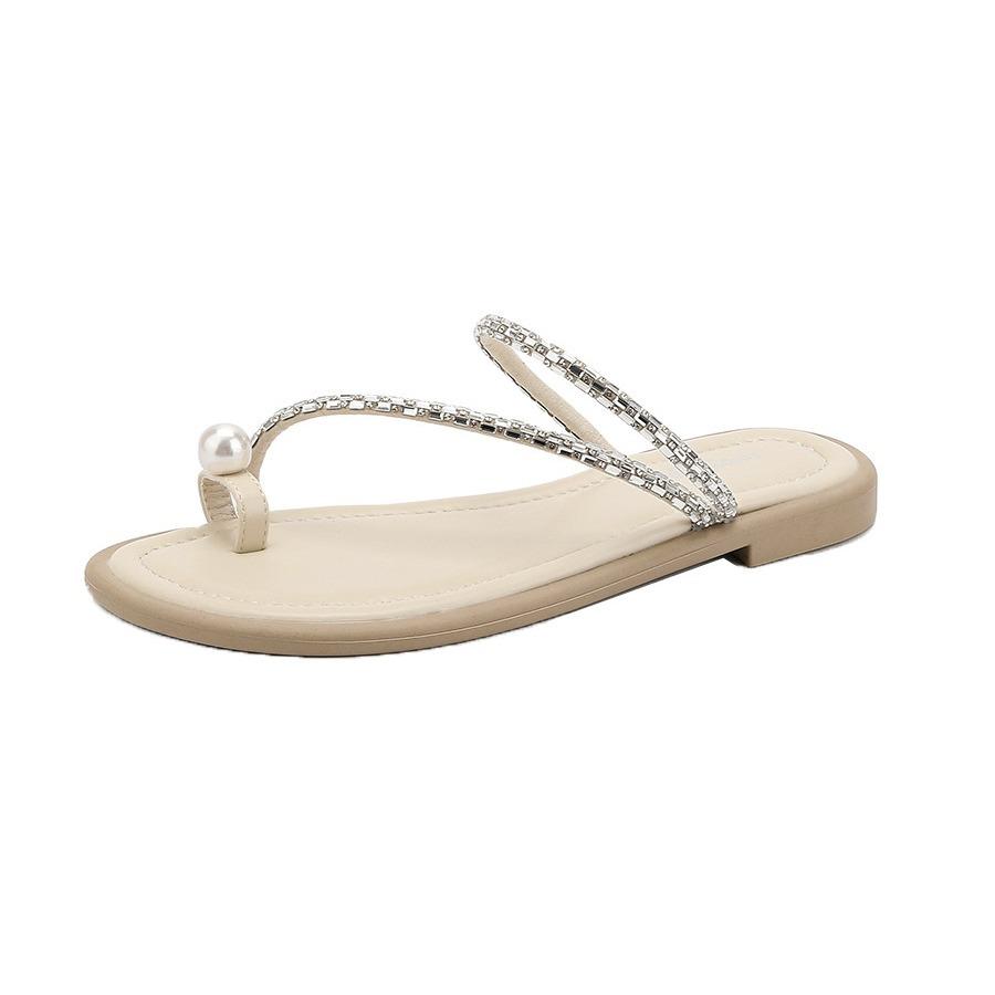 Fashion pearl rivets clip toe slippers women crystal beading narrow band flip flops new summer beach slides shoes  sandalias mujer