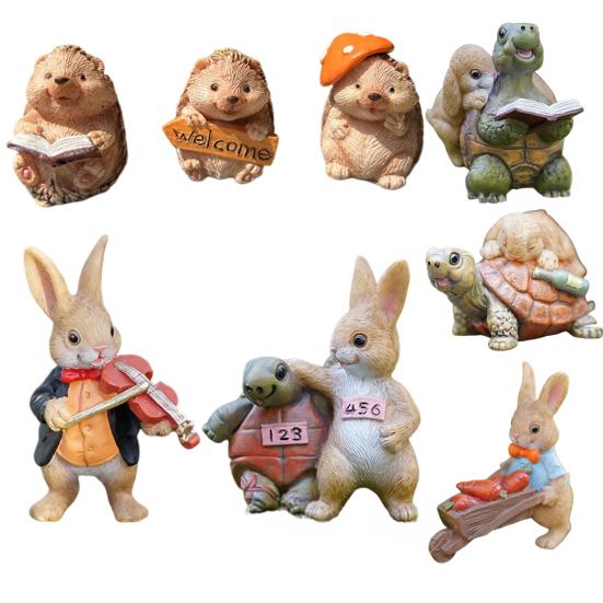 Resin Animal Garden Statue Cartoon Bunny Turtle Hedgehog Figurine for Fairy Garden Yard Lawn Indoor Outdoor Decor