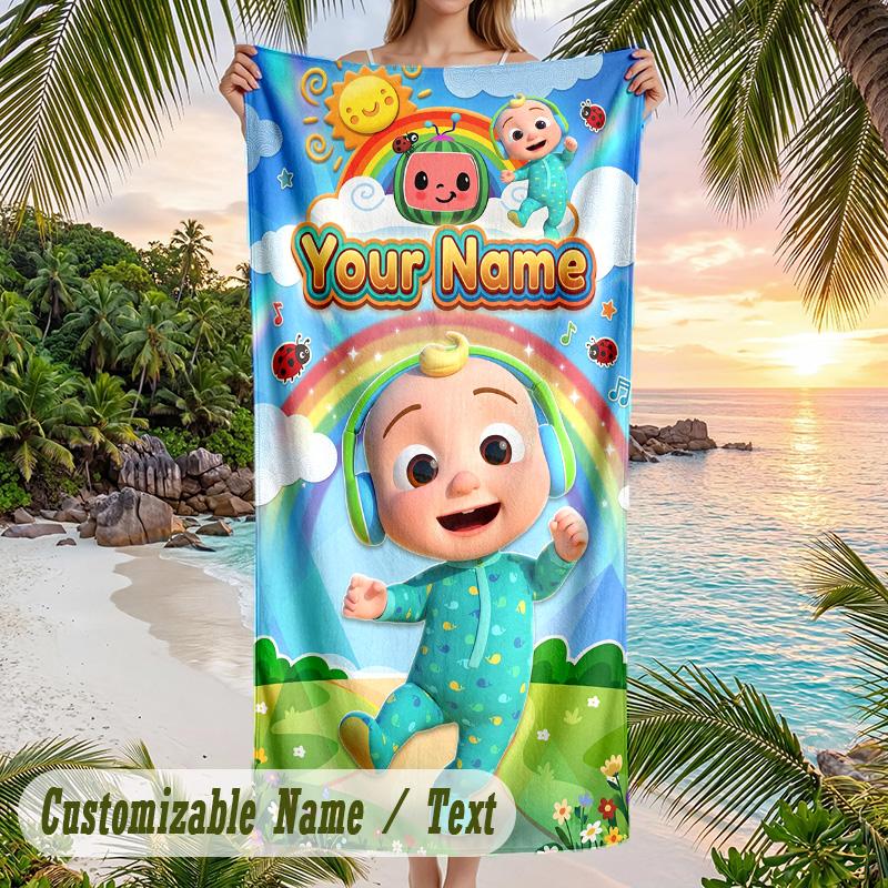 Cocomelon Beach Towel, Personalized Custom Text, Quick Dry Soft Large Towel For Swimming Pool Travel