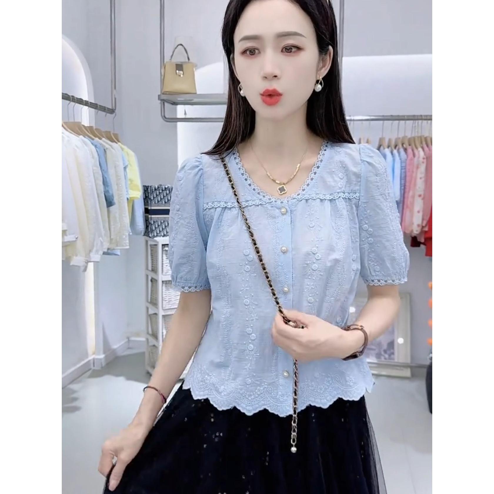 

Шикарная французская женская блузка с коротким рукавом: Летняя коллекция 2025 - Трендовый, Легкий, Молодящий Сладкий Дизайн XL 124 to 140 lbs синий