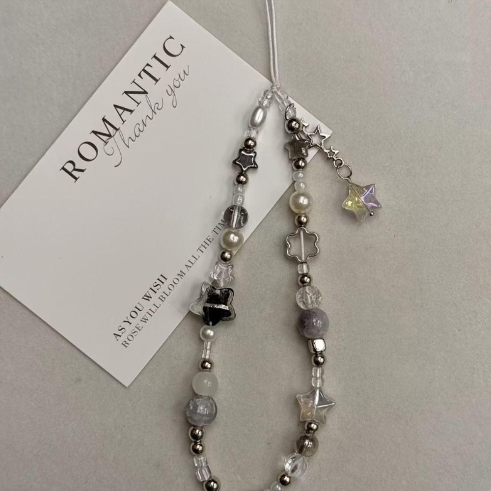 Fashion Silver Star Phone Strap Charm Pearl Gift Beaded Pendant Accessories Chain Lanyard