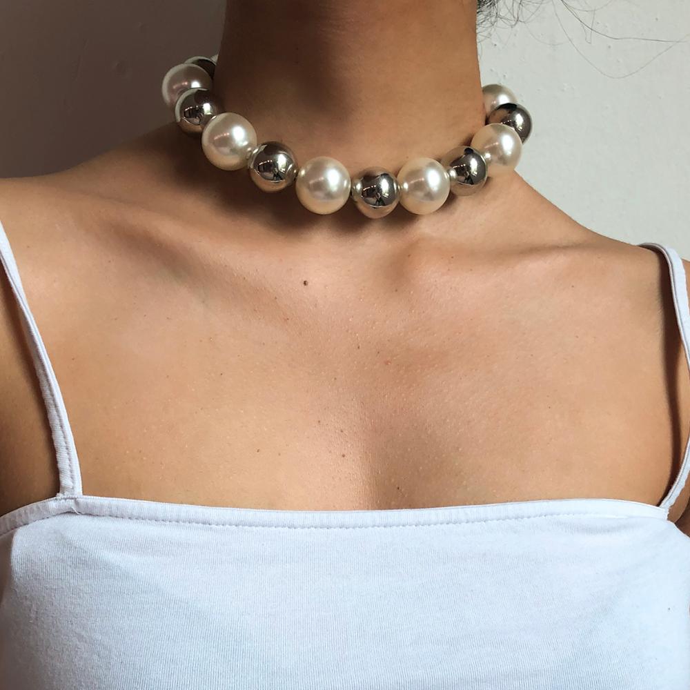 Punk Exaggerated Large Gold Beads Retro Imitation Pearl Beaded Clavicle Chain Short Necklace Women's Jewelry