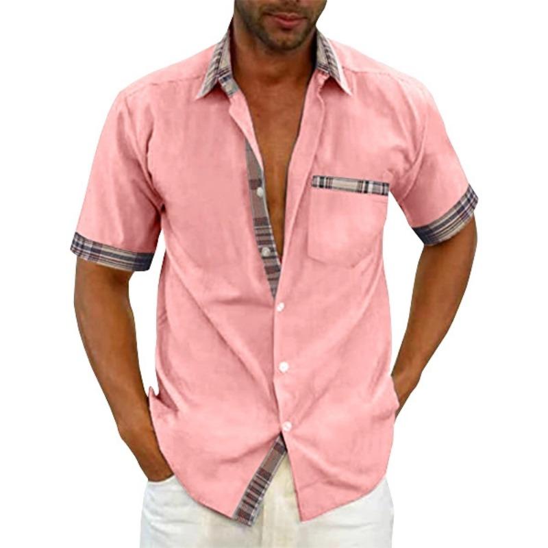 Men's Summer Casual Button Down Shirt Fashion with Plaid Trim Pocket Detail Short Sleeve