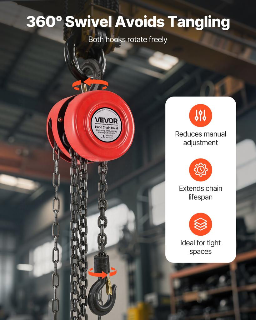 VEVOR Hand Chain Hoist, 1 Ton Capacity, Manual Chain Block with Upgrade G70 Galvanized Chain, 6 M Lifting Height