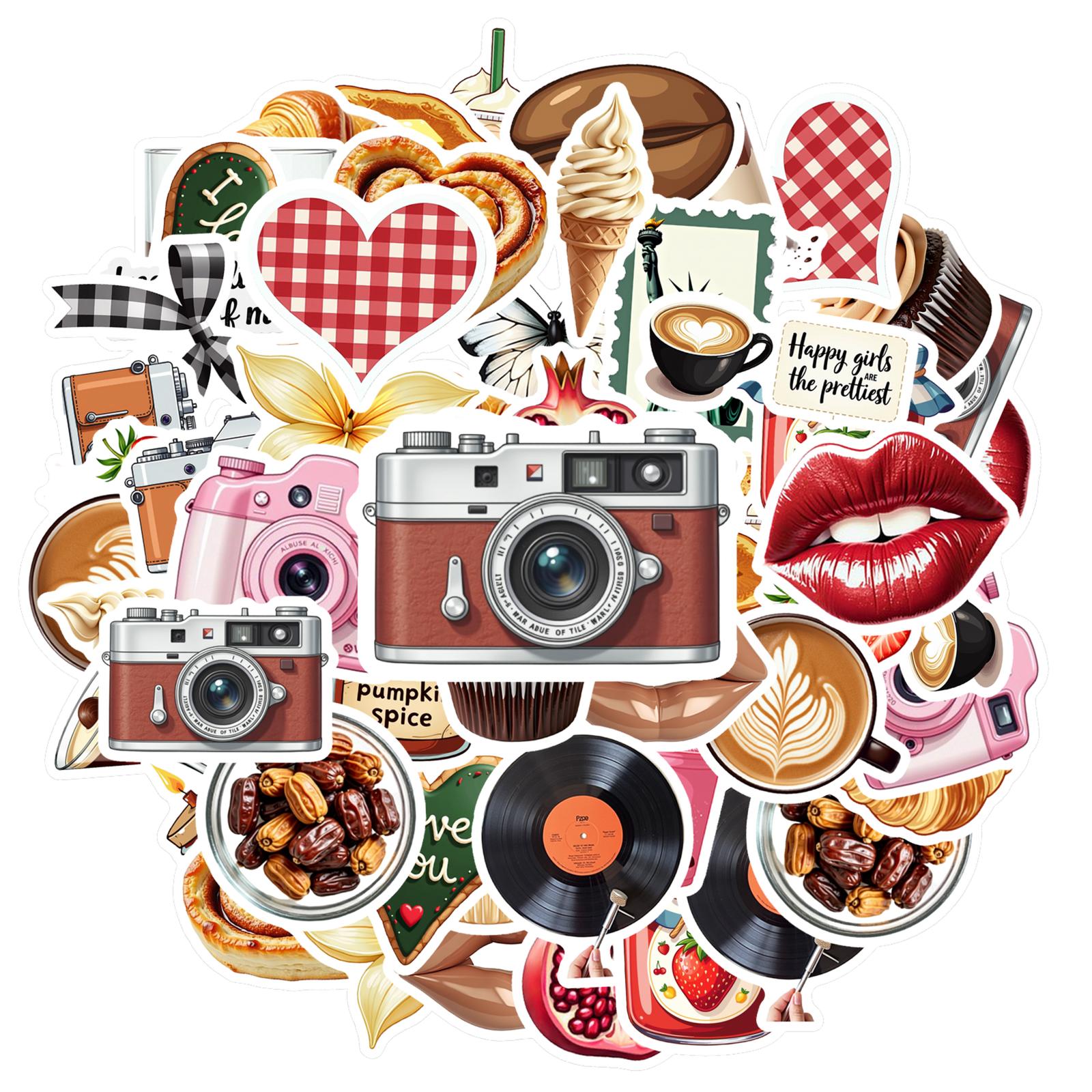 

35pcs American Vintage Food Camera Stickers Y2k Aesthetic Stationery Stickers Scrapbooking Material For Laptop Luggage Book Deco