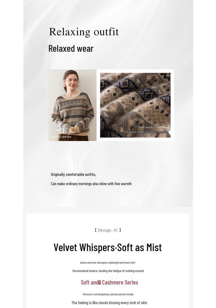 Women's Color Block Cashmere Knit Sweater - 2025 Winter Collection, Fair Isle Jacquard, Round Neck, Gentle Style.