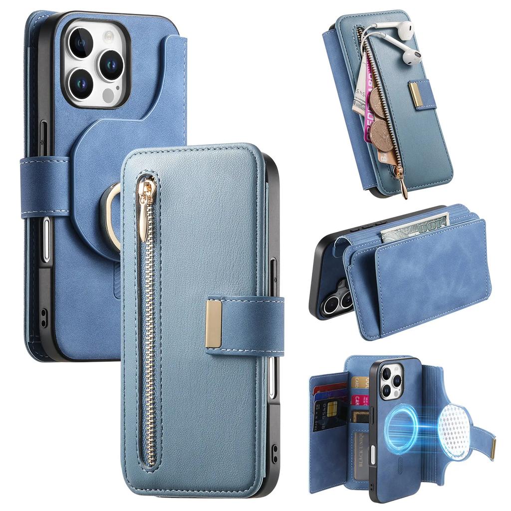 2 in 1 Detachable Cards Solt Zipper Wallet Leather Case For iPhone 16 Pro Max 15 Plus 14 13 12 11 RFID Purse Pocket Flip Cover