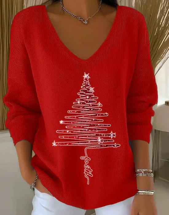 2025 3D Print V-Neck Drop Shoulder Christmas Pullover for Women