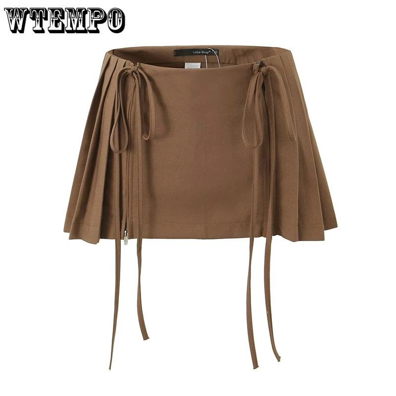WTEMPO Girl's High Waist Double Drawstring Zipper Short Skirts Women's Solid All-match Pleated A-line Mini Skirts