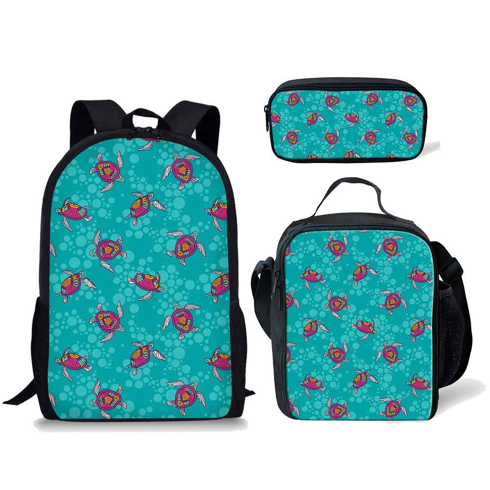Classico Divertente Fresco Piccola Tartaruga Fantasia Stampa 3D 3pz/Set zaini per studenti Zaino per Laptop Zaino giornaliero Borsa per il pranzo Astuccio