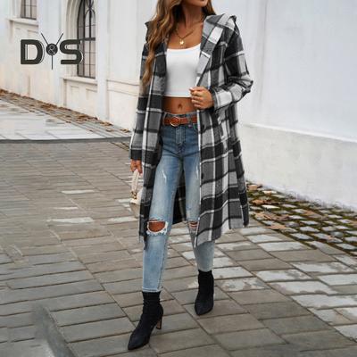 Women Spring Fall Coat with Hood Plaid Printing Loose Mid Length Long Sleeve Outerwear Single-breasted Contrast Color Jacket with Pockets