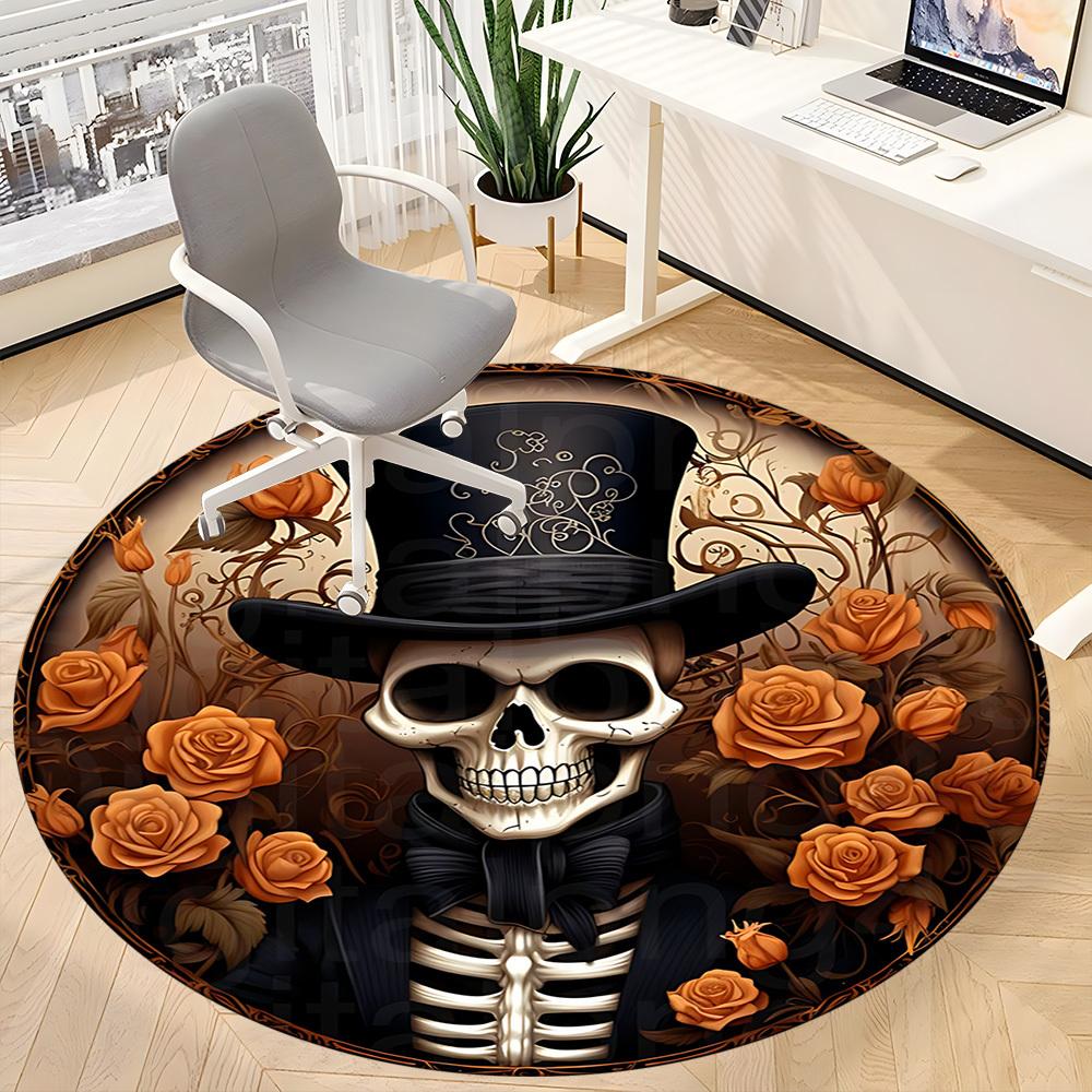 1pc Skull Roses Office Round Area Rug, Under Office Chairs Bedroom Living Room Home Decor, Room Deco, Available In Various Sizes