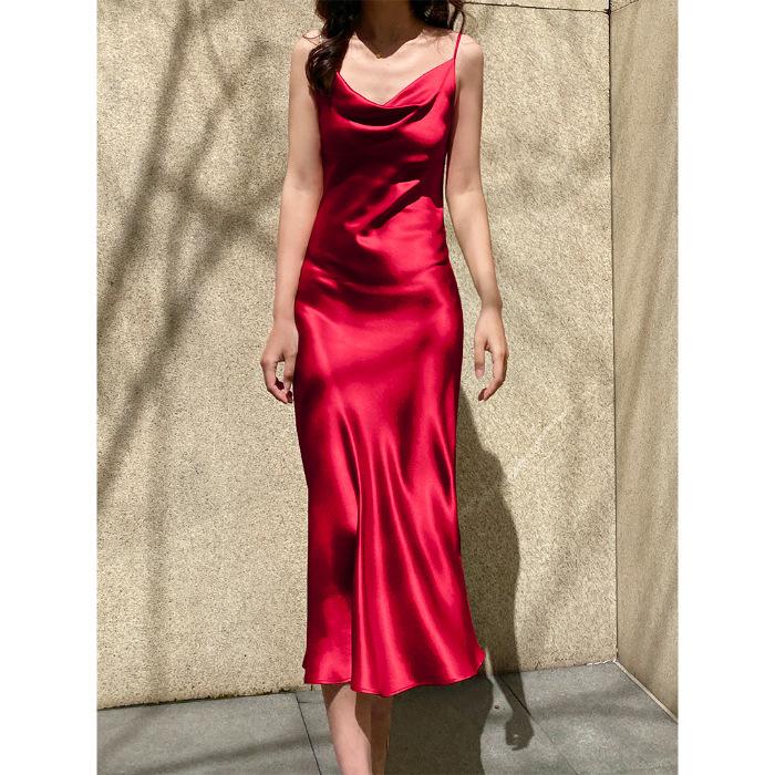 French acetate silk satin swing neck suspender dress summer drape waist hip skirt celebrity fishtail dress