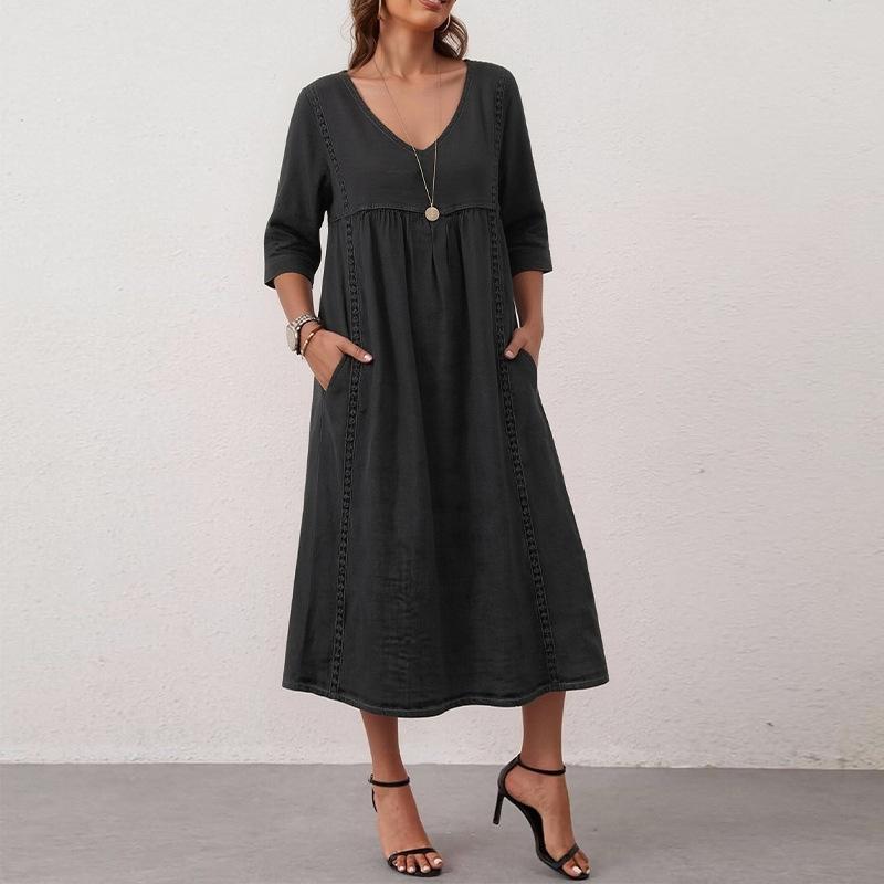 Women s spring new, European and American, fashionable and casual loose V-neck solid color dress S чёрный