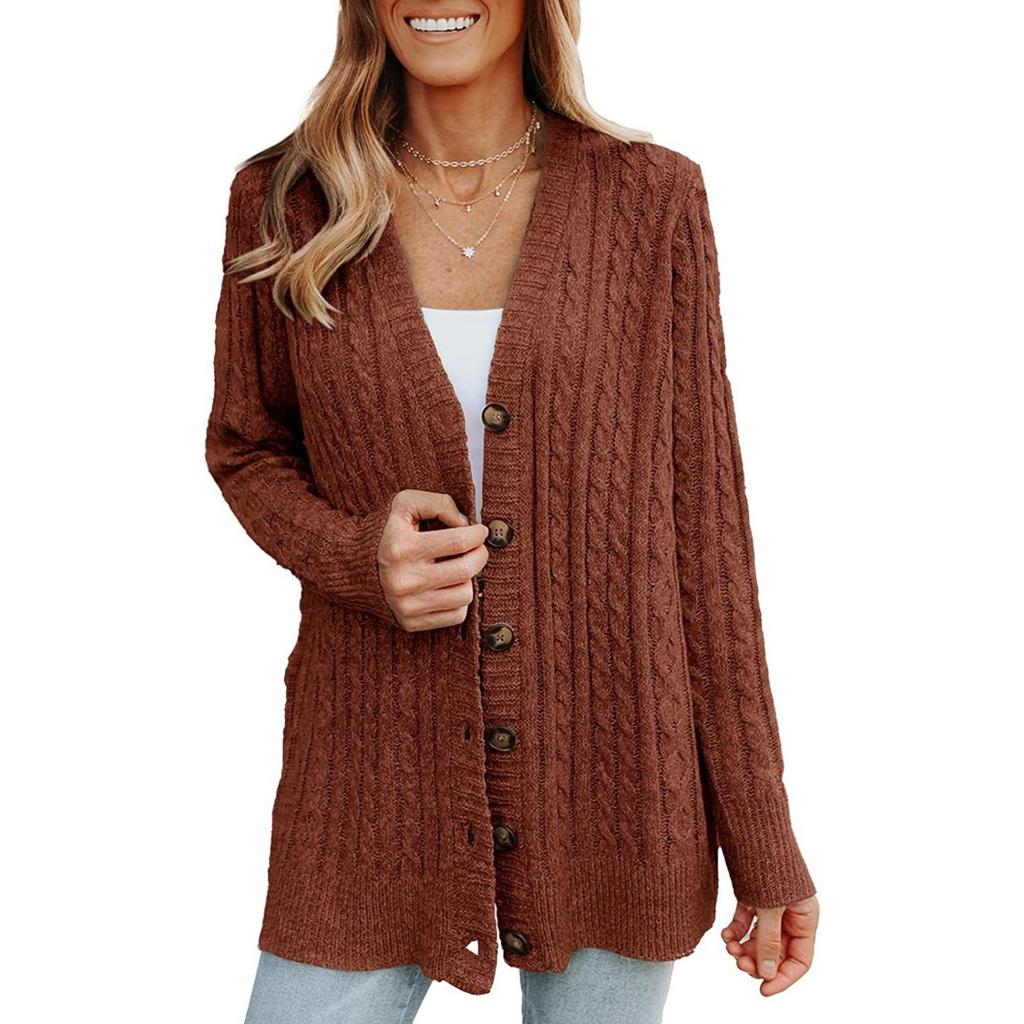 Women's V Neck Long Sleeve Cable Knit Cardigan Regular Fit Casual Sweater Coat