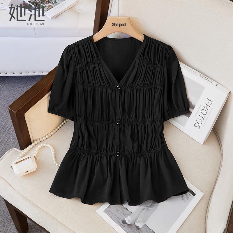 Tachic Women s Textured V-neck Short Sleeve Blouse S