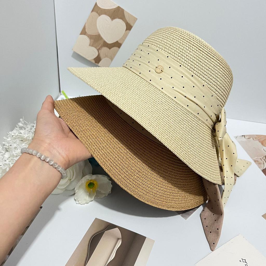 New summer big eaves hat polka dot female bow straw hat sunshade bucket hat travel seaside sunscreen basin