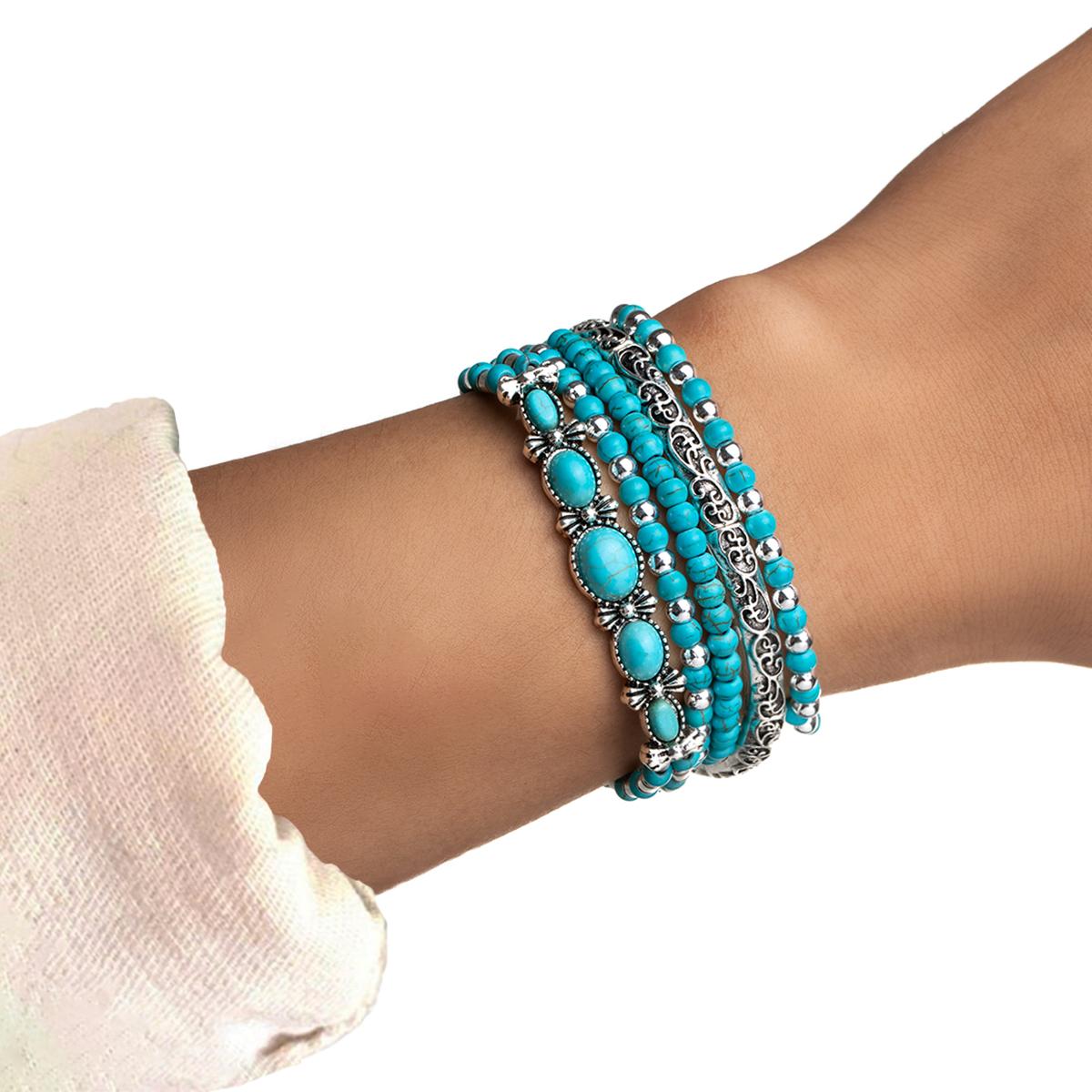 

5 Bohemian style turquoise bead bracelets with multiple stacked hollow geometric pattern bead bracelets