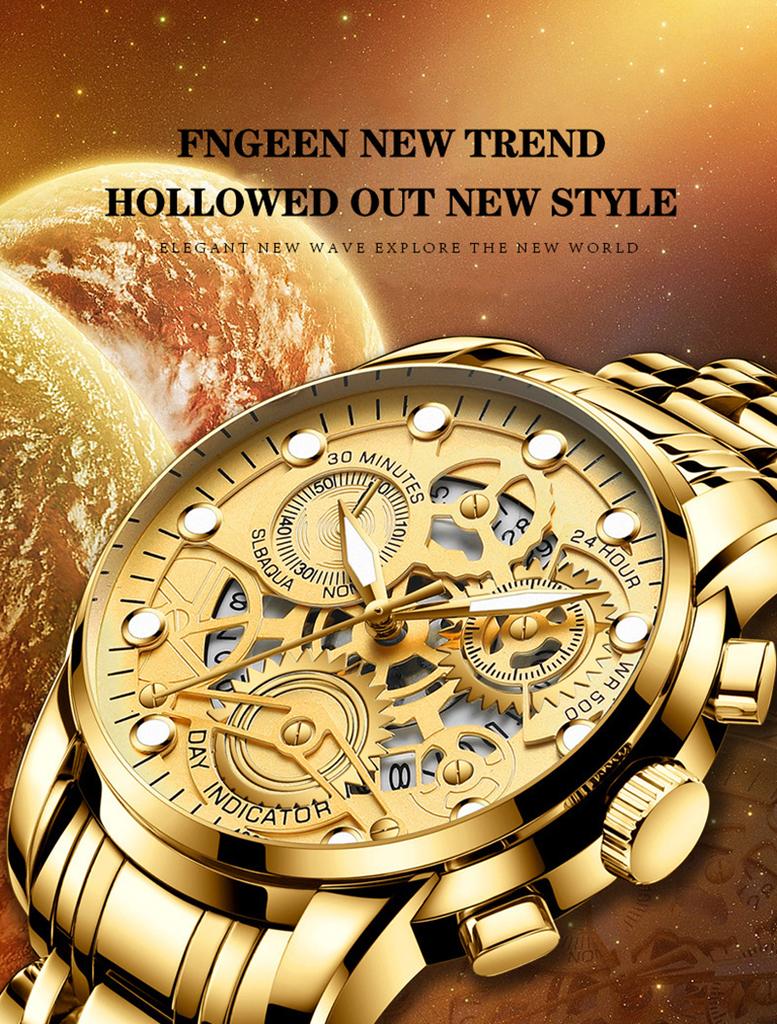 UTHAI Men's Watch Light Luxury Automatic Hollow Fashion Trend Waterproof Luminous Stainless Steel Strap Quartz Watch Reloj Gift