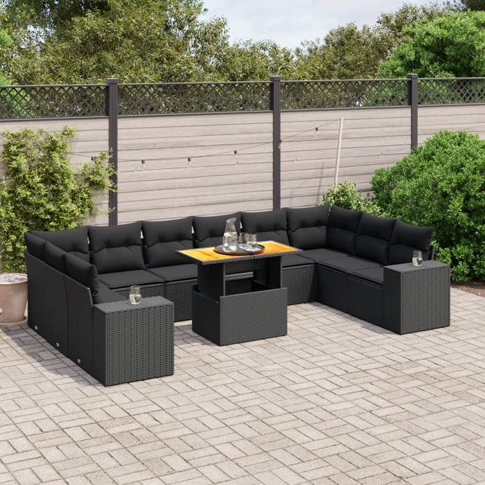 VidaXL Salon de Jardin avec Coussins 11 pcs, Canapés de Terrasse, Ensemble de Meubles de Patio, Mobilier d'Extérieur, Noir 3272805