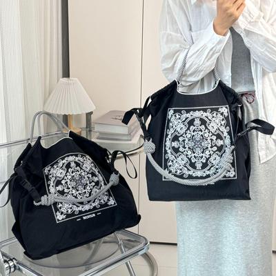 Retro Women's Large Embroidered Nylon Tote - Versatile Foldable Crossbody Shoulder Bag