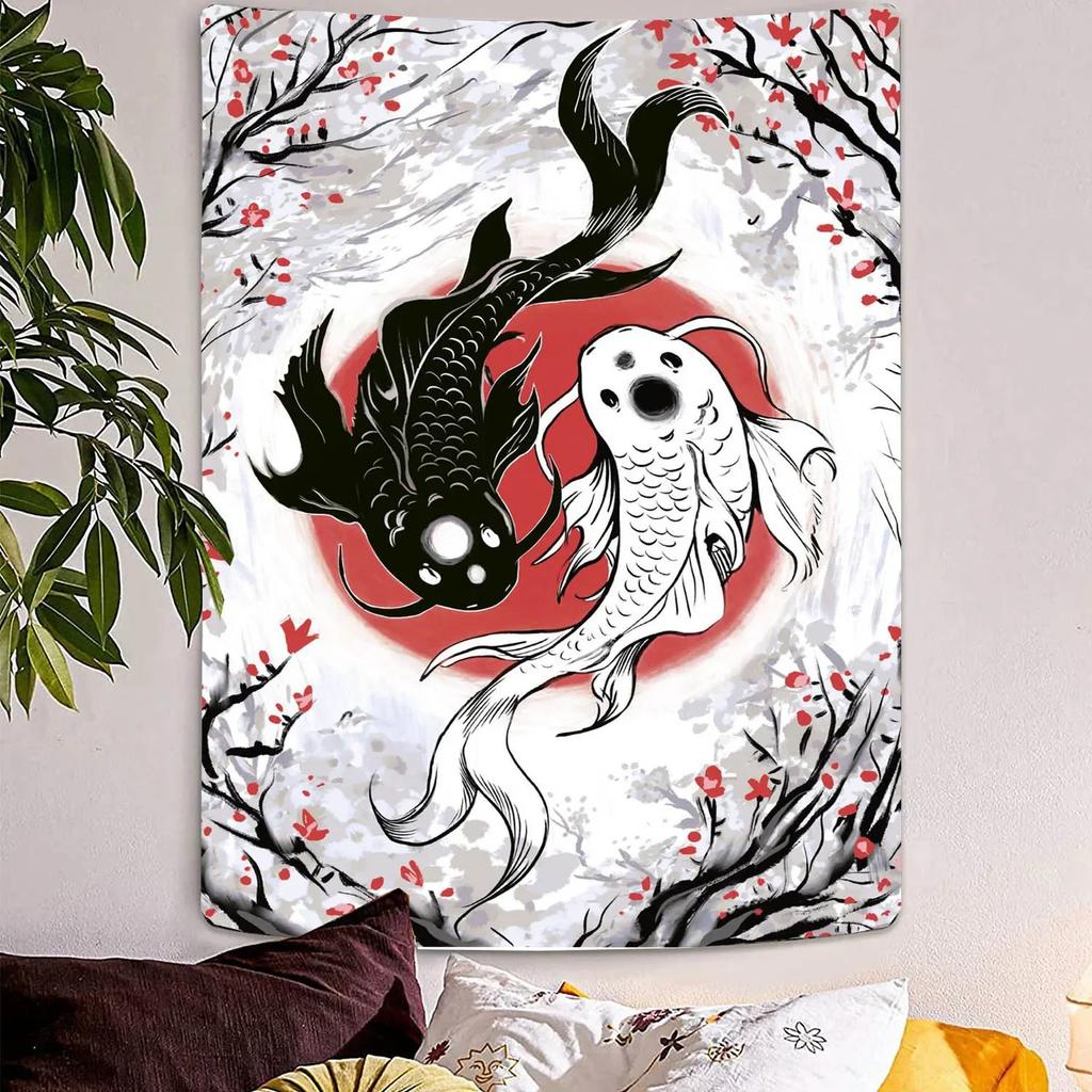 VIKAMA Japanese Wabi Sabi Tapestry Black White Koi Cherry Blossoms Fuji Boho Wall Hanging Home Office Decor
