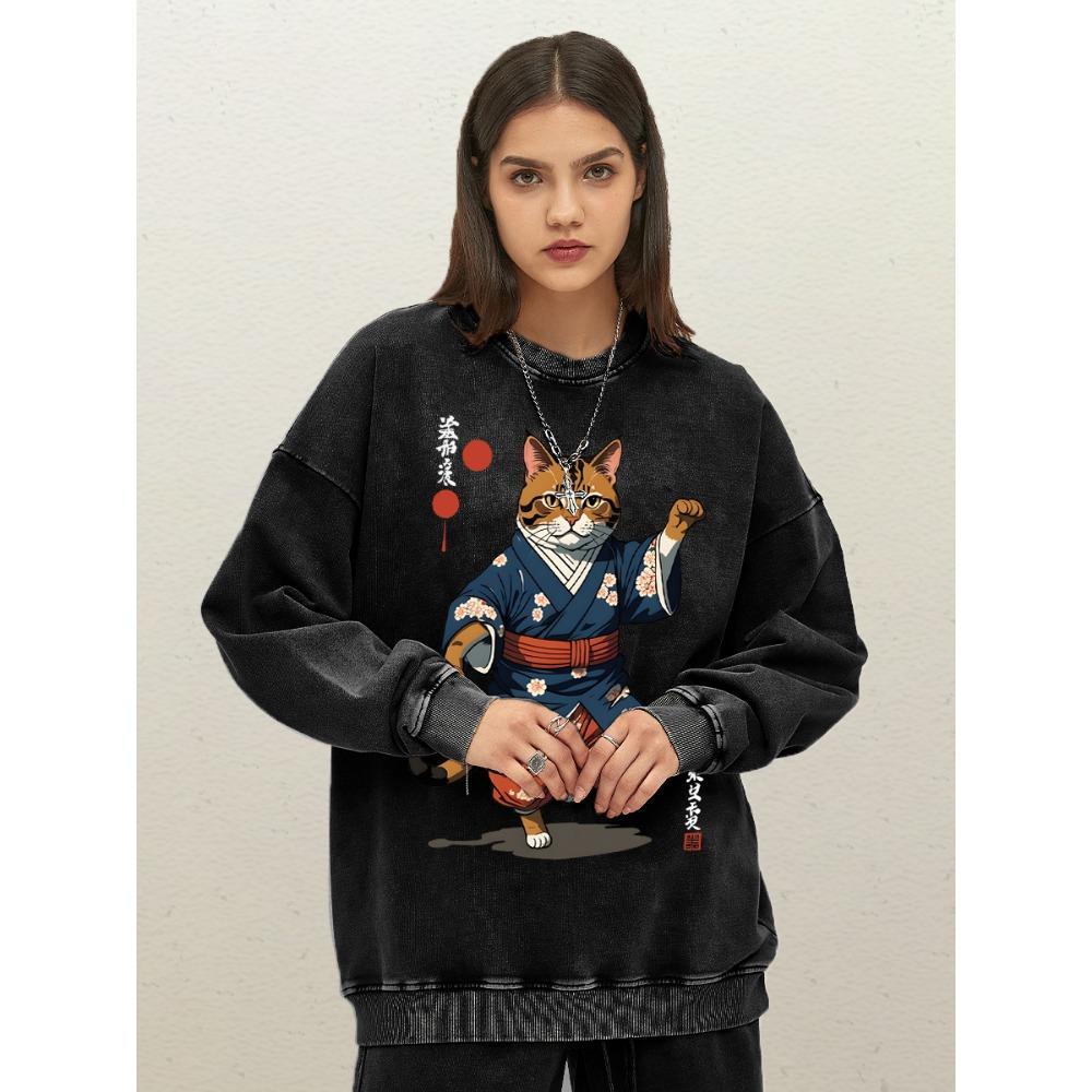 Japanese Cartoon Standing Cat Print Women Washed Sweatshirt Cotton Casual Pullover Streetwear Autumn Loose Clothes
