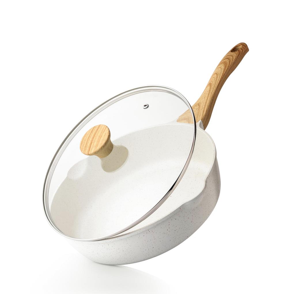 SENSARTE Deep Frying with Marble Easy To Chinese High Heat 1 Year White Pan, 28cm, Lid, Coat, IH/Gas Compatible, Stir-Fry Pan, Non-Stick, Clean, Wok,