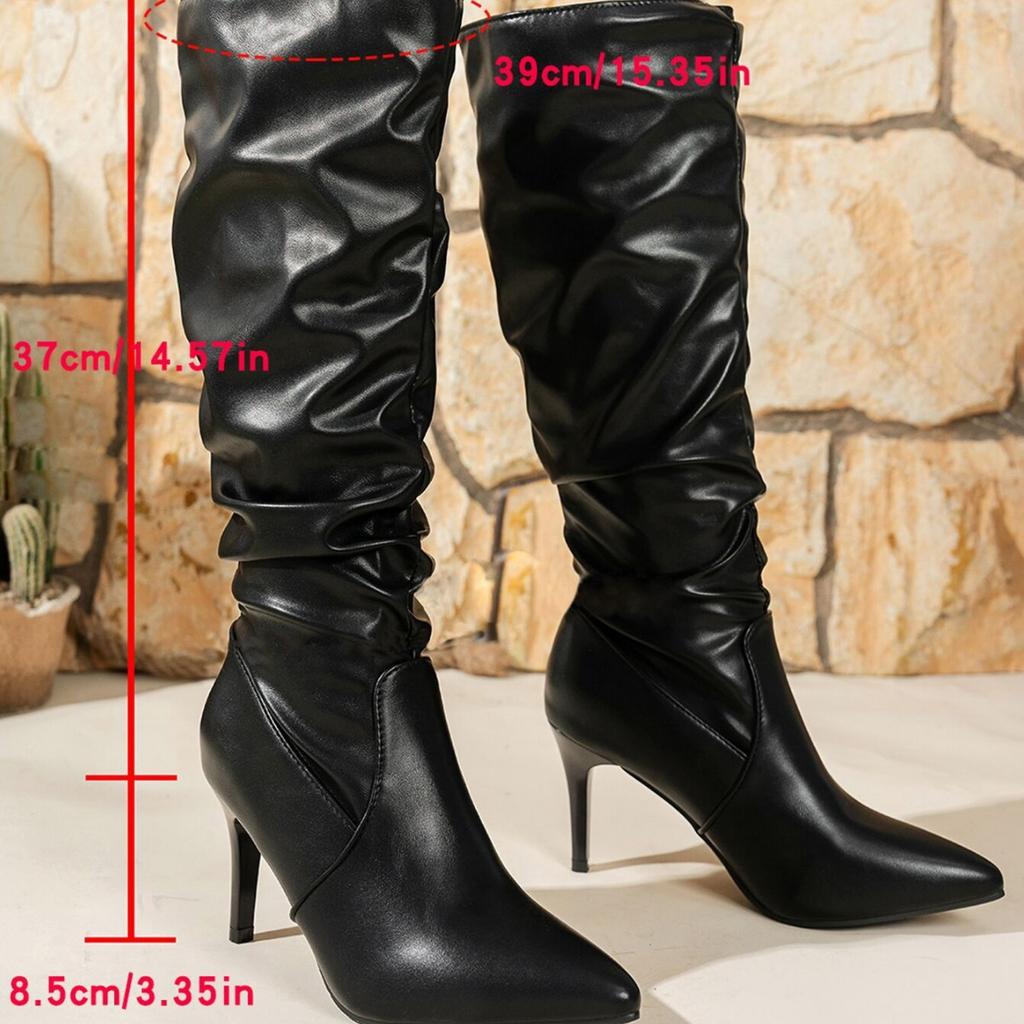 European and American Pointed Stiletto Knee-length Fashion Boots Women's One-pedal Boots Pleated Pile Leather Boots Foreign Trade