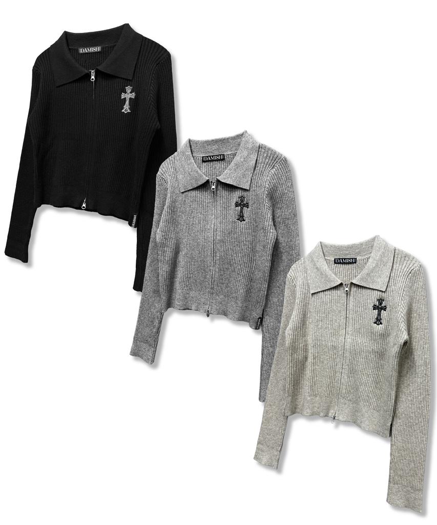 Damiswi Gothic Cross Embroidery Knit Zip-Up_Black