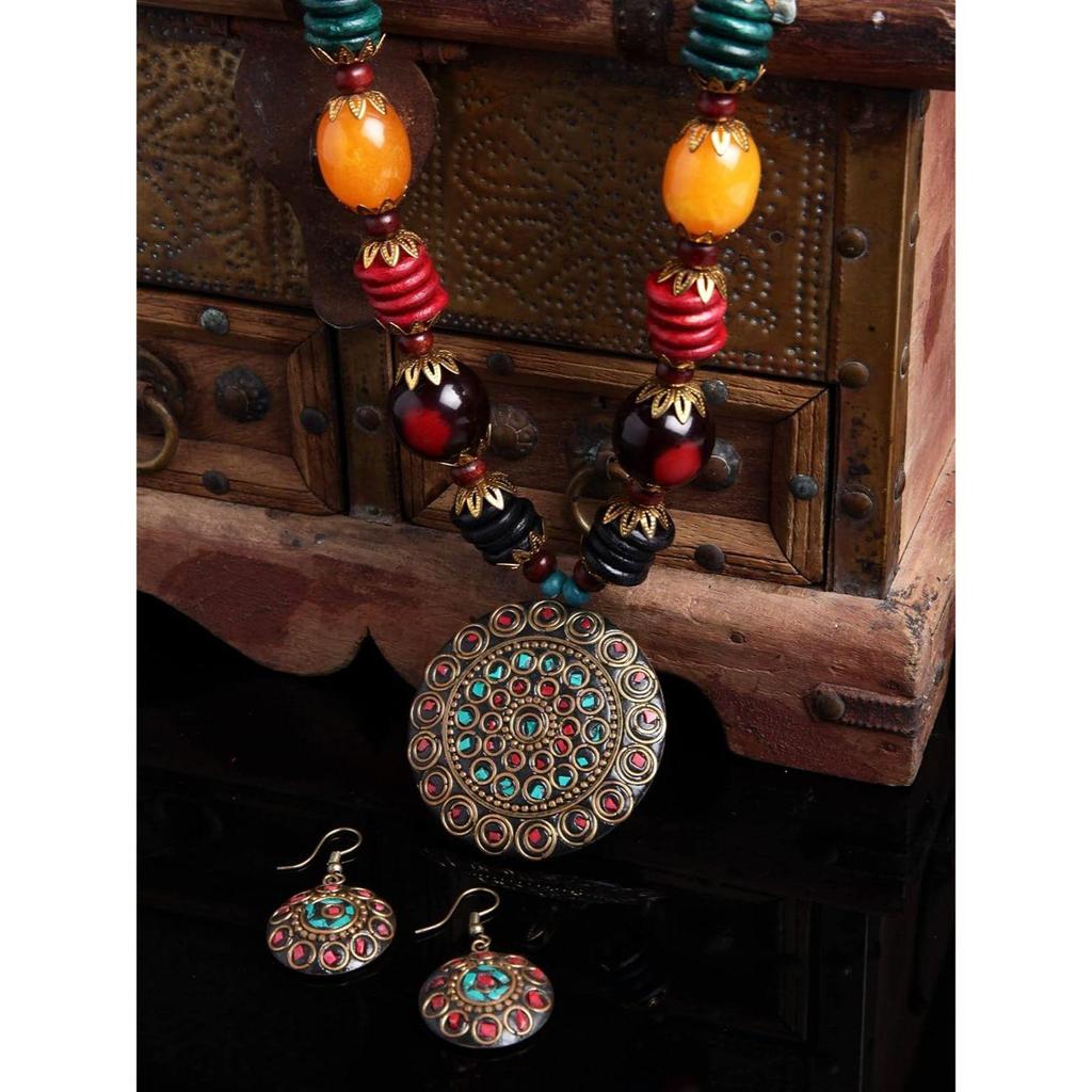 Latest Stylish Traditional Tibetan Pendant Necklace Jewellery Set for Women