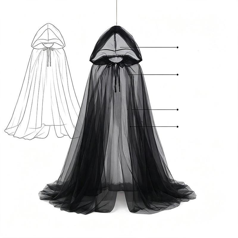 Mantello Nero Trasparente con Cappuccio da Donna Mantello da Strega di Halloween Costume da Vampiro Gotico Mantello Lungo in Tulle per Cosplay Festa in Maschera