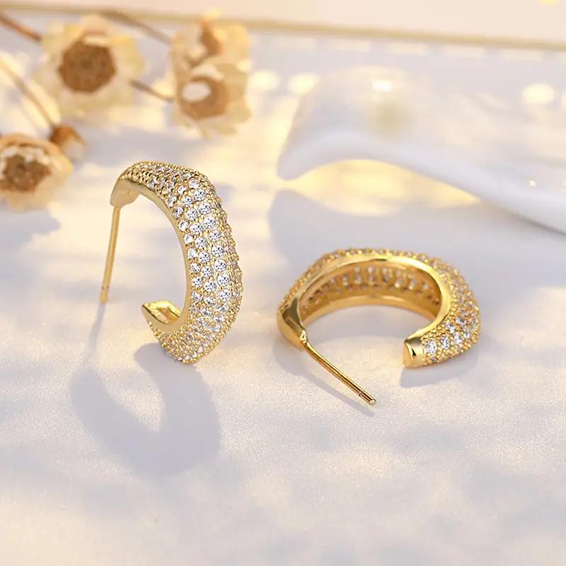 Huitan Loop Earrings for Women Statement Gold Color Cubic Zirconia Luxury Trendy Hoop Earrings Daily Wear Lady Jewelry